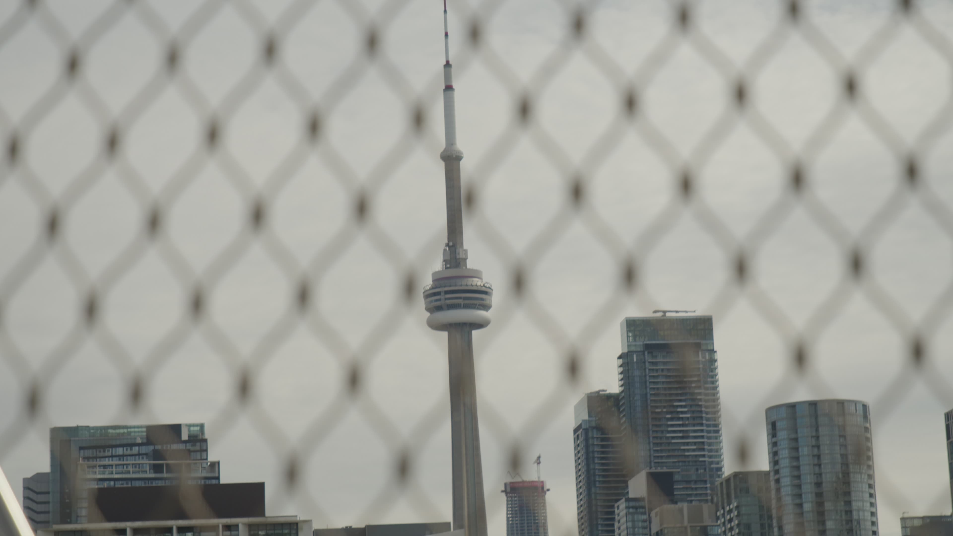 CN Tower through a chain-link fence, Toronto