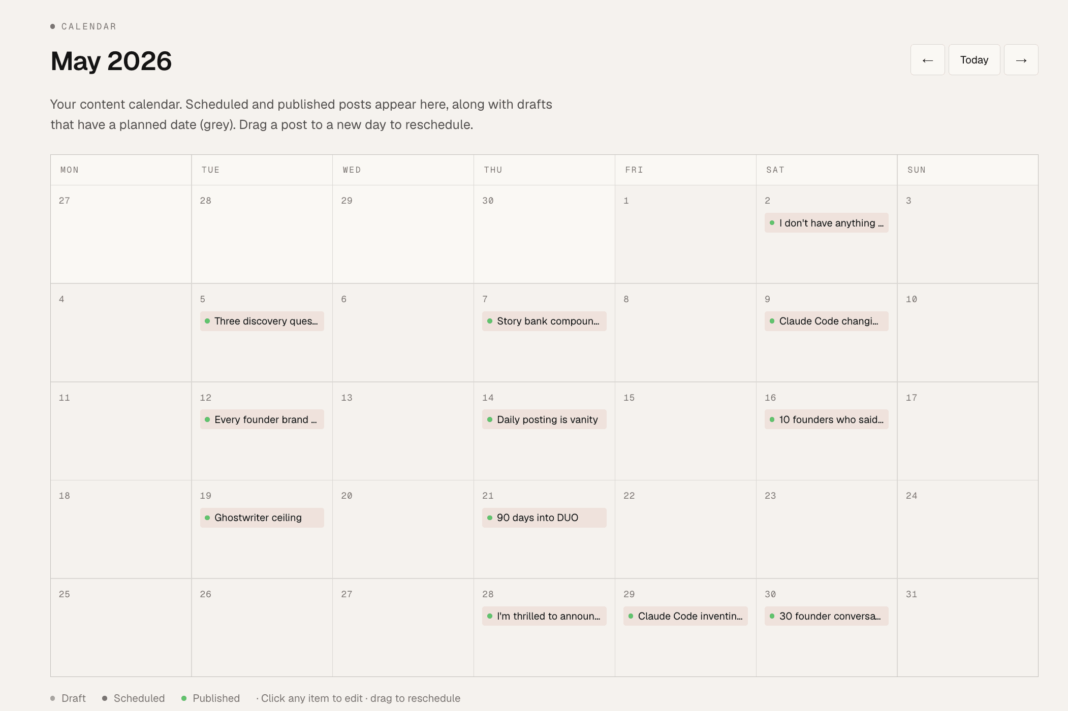 A month of scheduled and published LinkedIn posts in the DUO content calendar