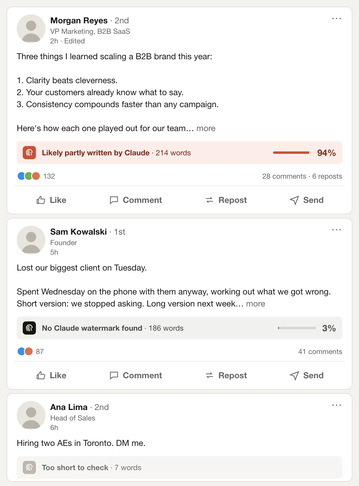 Mockup of a social feed where a browser plugin adds a score to each post: 94% likely partly written by Claude, 3% with no Claude watermark found, and one post too short to check