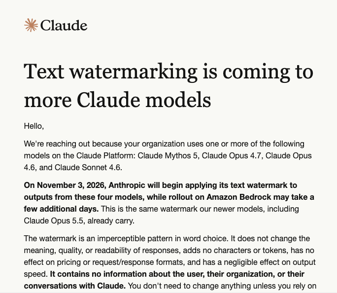 Anthropic's email: Text watermarking is coming to more Claude models